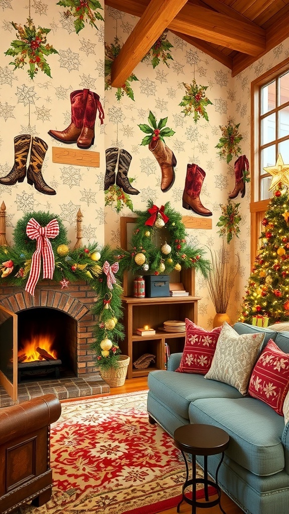 Festive Western Christmas Wallpaper Living room with Western-themed Christmas wallpaper, cowboy boots, and festive decor.